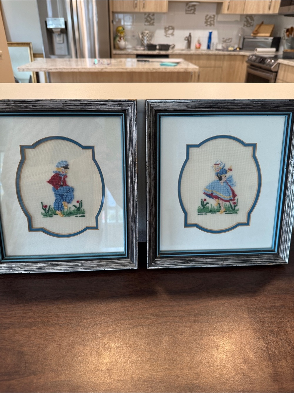 Vintage Framed Dutch Girl & Boy Needlepoint Art – Matching Pair